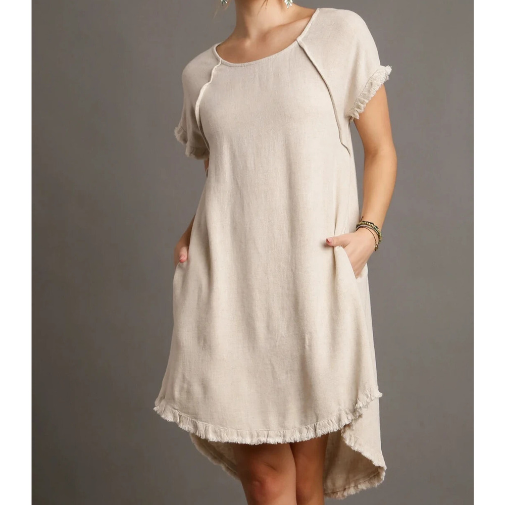 Umgee Womens Small Beige Short Sleeve Linen Cotton Fringe Trim Hi Low Dress
